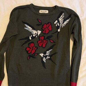 Abercrombie & Fitch Dark Green Sweater with Red and White Bird Design